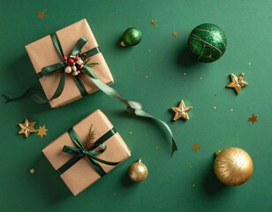 Festive flat lay of Christmas gifts and ornaments on a green background, perfect for holiday greetings and promotions