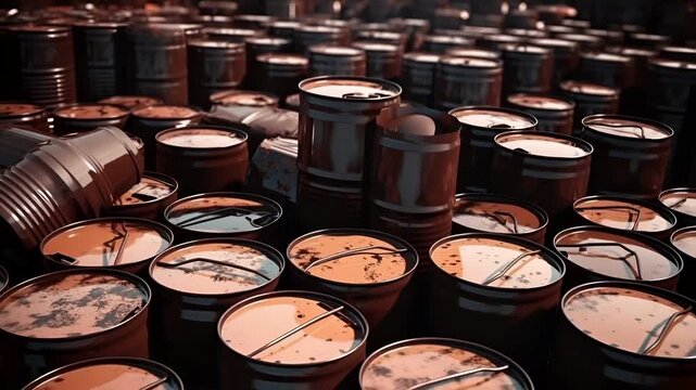 A closeup view of a large collection of oil barrels, each filled with varying shades of brown liquid. The barrels are stacked in a seemingly random manner, creating a sense of depth and vastness.