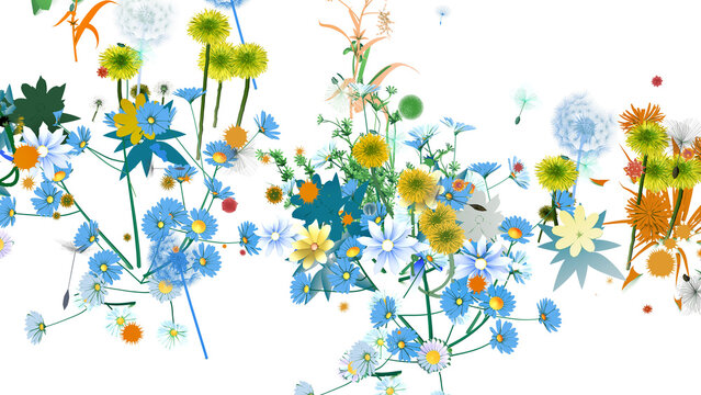 3D illustration of various flowers and plants with pollen that triggers spring allergies. Featuring dandelions and pinwheels. Top view with flat colors on a white background.