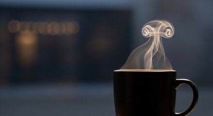 Hot coffee in black mug with swirling steam and bokeh background