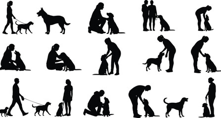 Silhouette collection of people interacting with dogs in various poses, walking, training, petting, sitting, bonding, and companionship scenes