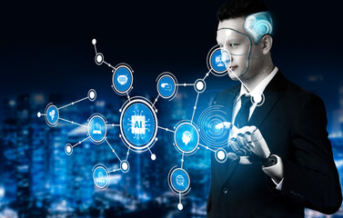 A focused businessman in a suit engages with advanced AI technology, showcasing a dynamic interface with data visualizations in a futuristic urban setting. Tessel