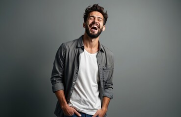 Obraz premium Man with beard laughs heartily. He wears casual shirt and t shirt with blue jeans. Stands with hands in pockets against gray backdrop. Youthful male expression of pure joy and fun.