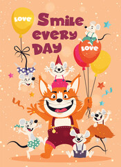 Fototapeta premium An orange cat and a group of happy mice celebrating with colorful balloons, confetti, and smile every day message.