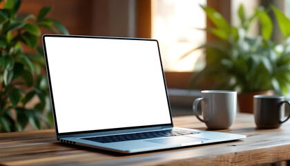 Fototapeta premium Laptop Mockup with Blank Screen on Wooden Desk in Cozy Home Office Setup