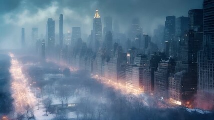 futuristic cityscape at night with skyscrapers and foggy atmosphere. - Powered by Adobe