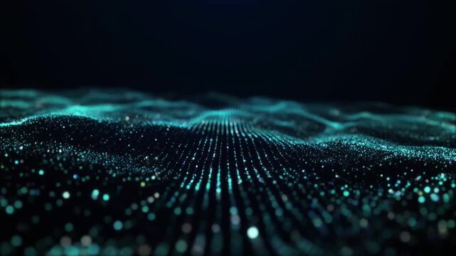 Abstract digital wave of glowing particles on a dark futuristic background, illustrating a data stream and network connection - Powered by Adobe
