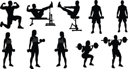 Naklejka premium Gym workout vector silhouettes set, men and women lifting weights, exercising with dumbbells and barbells, training, fitness, bodybuilding, and strong physical performance graphics.