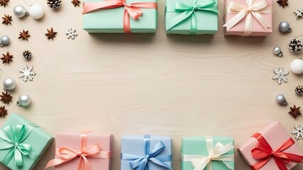Flat lay of pastel gift boxes and festive decorations on a light wooden background, creating a holiday frame.