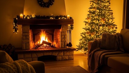 A cozy living room scene with a warm fireplace and a beautifully lit Christmas tree.