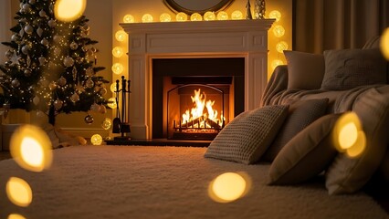 Cozy living room with a burning fireplace and a decorated Christmas tree, illuminated by warm bokeh lights.