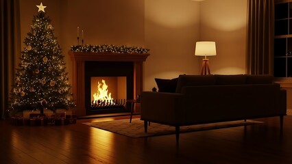 A warm and cozy living room at night with a lit Christmas tree and a burning fireplace, creating a festive holiday atmosphere.