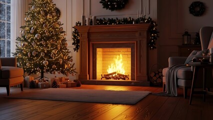 A cozy Christmas living room with a decorated tree, a warm fireplace, and an armchair, creating a festive and inviting atmosphere.