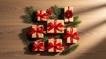Overhead view of multiple Christmas gift boxes with red ribbons and fir branches on a wooden table, ready for holiday celebrations.