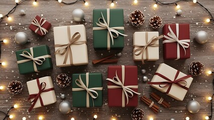 Overhead view of various Christmas gift boxes, ornaments, and string lights arranged on a rustic wooden background, creating a festive holiday scene.