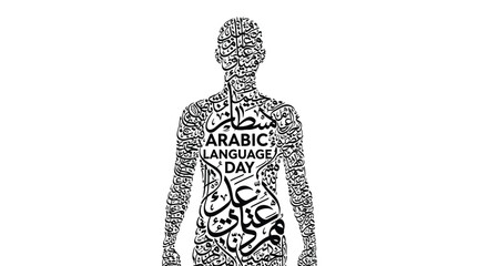 Human silhouette formed by intricate black arabic calligraphy text celebrating arabic language day isolated on white background
