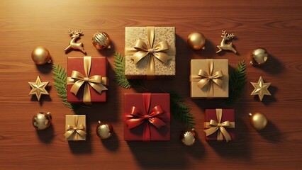 Overhead view of festive red and gold Christmas gift boxes and golden ornaments arranged on a warm wooden background, ready for holiday celebrations.