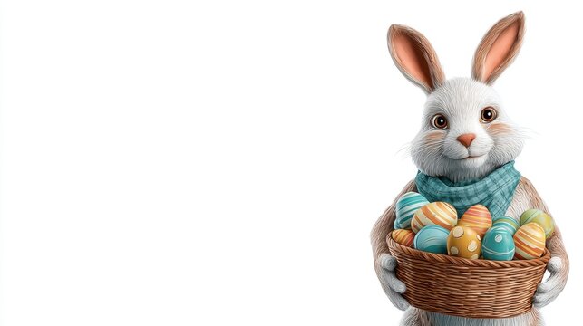 A cute bunny with big ears smiles while holding a woven basket filled with vibrant eggs. This joyful scene captures the spirit of spring festivities and outdoor celebrations.