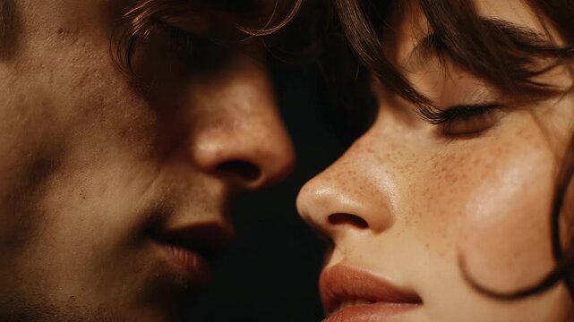 Close-up of a couple's faces, noses touching, intimate moment in soft light