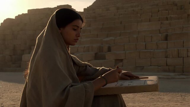 Ancient Egyptian architectural planning with female scribe measuring pyramid at sunset