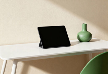 Modern minimalist workspace with a digital tablet on a white desk. Clean home office setup with a green vase and copy space for text