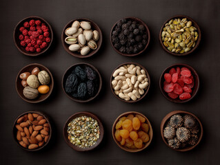 Flat lay of nuts and dried fruits in minimalist style on dark background