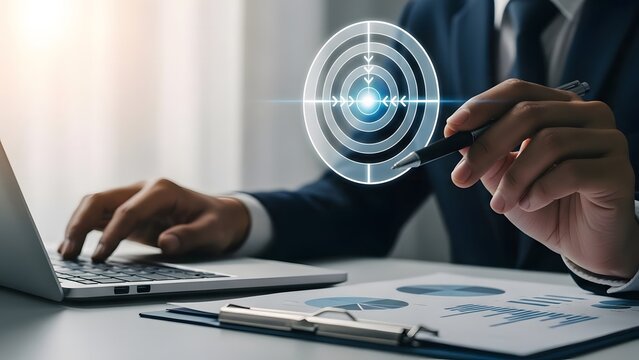 Businessman analyzing data with digital target overlay laptop and charts for strategic planning and goal achievement - Powered by Adobe
