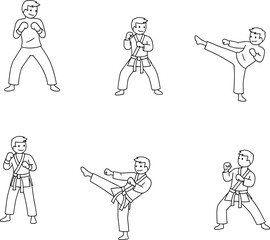 Karate line art illustration set, kids martial arts poses, taekwondo kick drawing, self defense training sketch, fighting sport outlines, children dojo practice clipart, black white vector icons