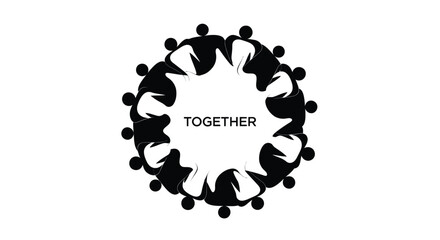 Black and white circular logo design depicting a group of diverse people standing together in unity, symbolizing teamwork and community, isolated on white background
