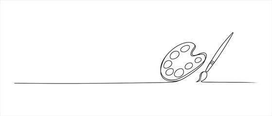 Minimalist Line Art of Artist Palette and Paintbrush on White Background