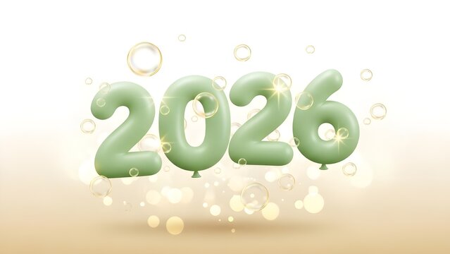Whimsical Vector Graphic Featuring Soft Light Green 3D Balloon Numbers 2026 Floating with Subtle Champagne Bubbles.