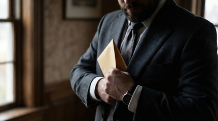 A man in a suit holding an envelope close up