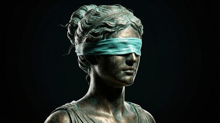 A blindfolded statue of justice in a close up portrait