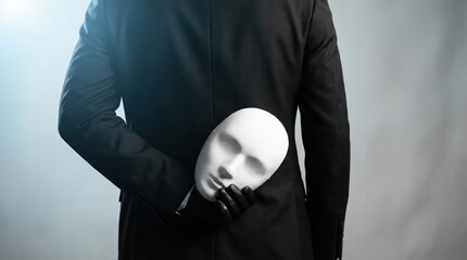 Man with black suit and mask hiding behind his back