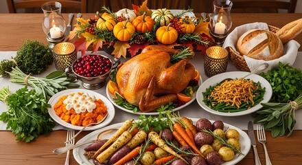 Abundant thanksgiving feast with roasted turkey and seasonal vegetables