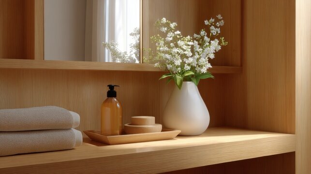 Cozy Bathroom Nook with Fresh Flowers, Towels, and Natural Elements in a Modern Wooden Setting