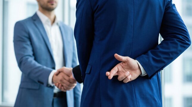 Man in Blue Suit Crosses Fingers Behind Back During Handshake