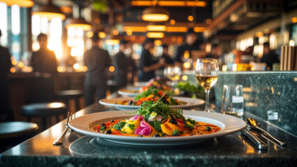 Plate food restaurant vibrant colorful fresh ingredients herbs golden light blurred background shallow depth granite counter modern decor warm inviting hospitality generative AI