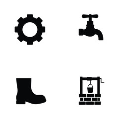 Four Black Icons Showing Gear Faucet Boot and Wishing Well Keywords: gear, cog, cogwheel, mechanical, engineering