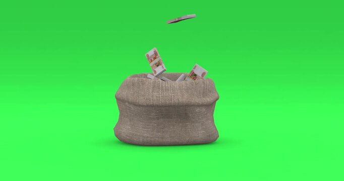 Falling Russian Ruble Bills into Burlap Sack. Financial Success, Investment, and Savings Concept.