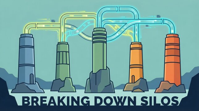 Breaking Down Silos: This illustration visualizes the concept of breaking down silos, fostering collaboration, and connecting various departments.