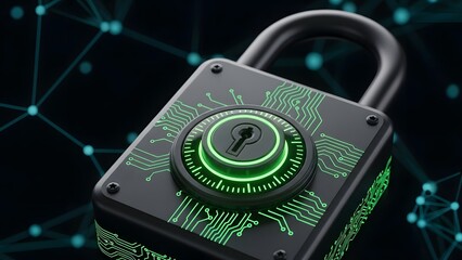 Digital security padlock with glowing green circuit board pattern against a dark network background