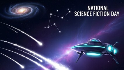 National science fiction day celebration featuring a futuristic spaceship flying past a galaxy and shooting stars in deep space