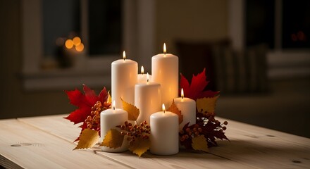 Warm glow of autumn candles on a wooden table