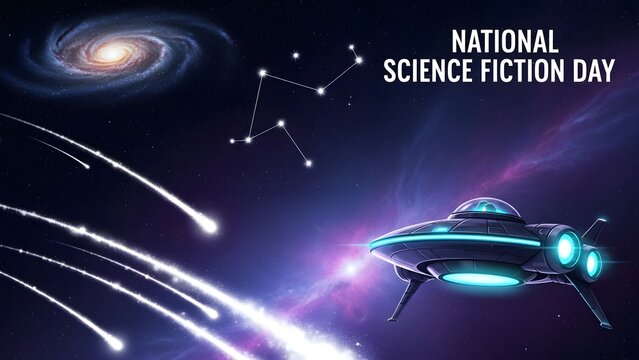 National science fiction day celebration featuring a futuristic spaceship flying past a galaxy and shooting stars in deep space