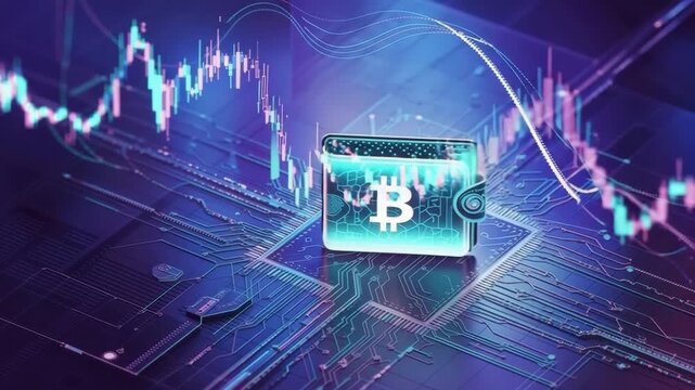 Bitcoin digital wallet on circuit board with cryptocurrency trading charts