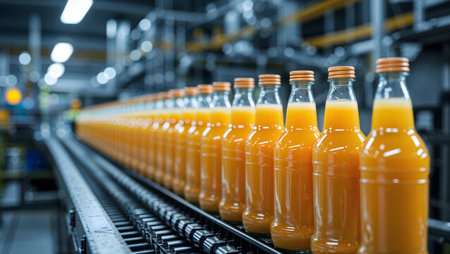 Orange juice bottles conveyor belt factory industrial fresh bright liquid machinery equipment production line generative AI