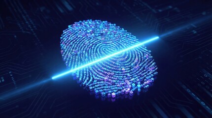 Fingerprint Scan Technology: A vivid digital rendering of a glowing fingerprint being scanned by a futuristic blue light, symbolizing security and access.