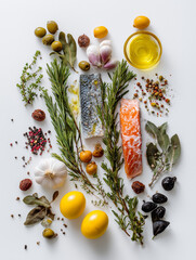 Flat lay of fish and spices for culinary dishes isolated on white background