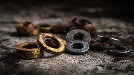 Aged Industrial Washers with Rust and Patina on Rough Concrete, Bathed in Dramatic Light.